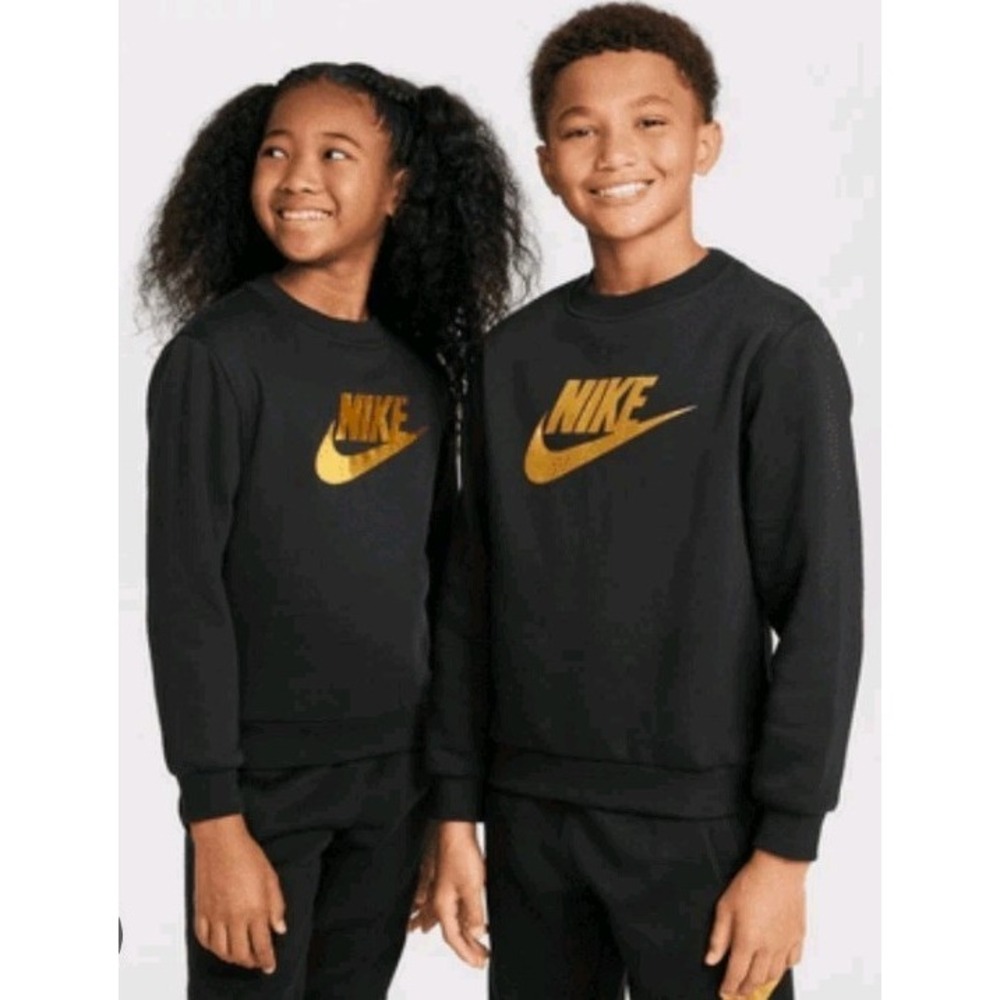 Nike Sportswear Club Fleece Crew Black‎ Sz Large 10-12 Gold Logo Pullover Sweat